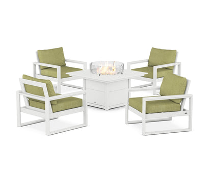 POLYWOOD® EDGE Sectional 5-Piece Deep Seating Set with Fire Pit Table in White / Chartreuse Boucle