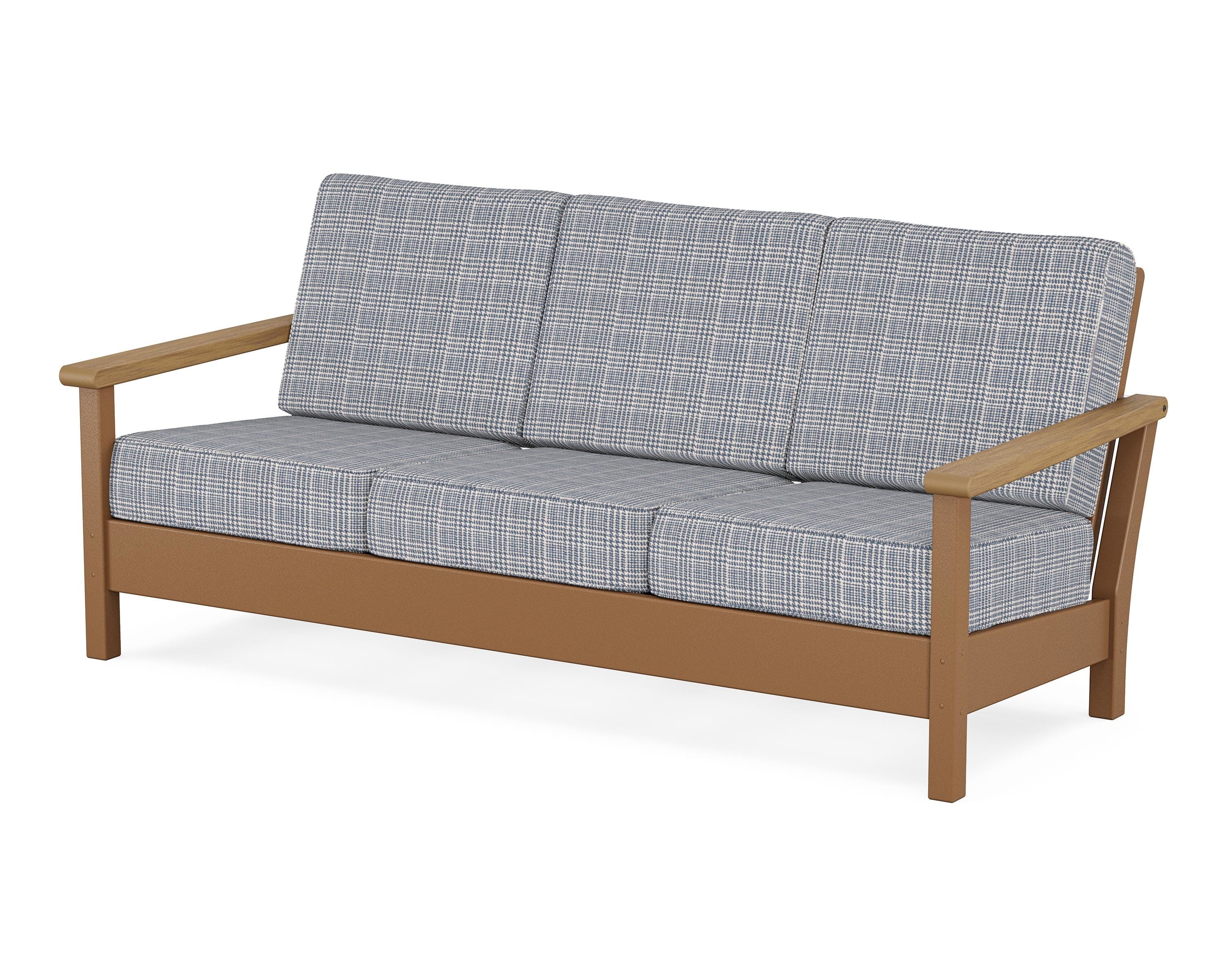 POLYWOOD® Harbour Deep Seating Sofa in Teak / Natural / Houndstooth Sky Blue