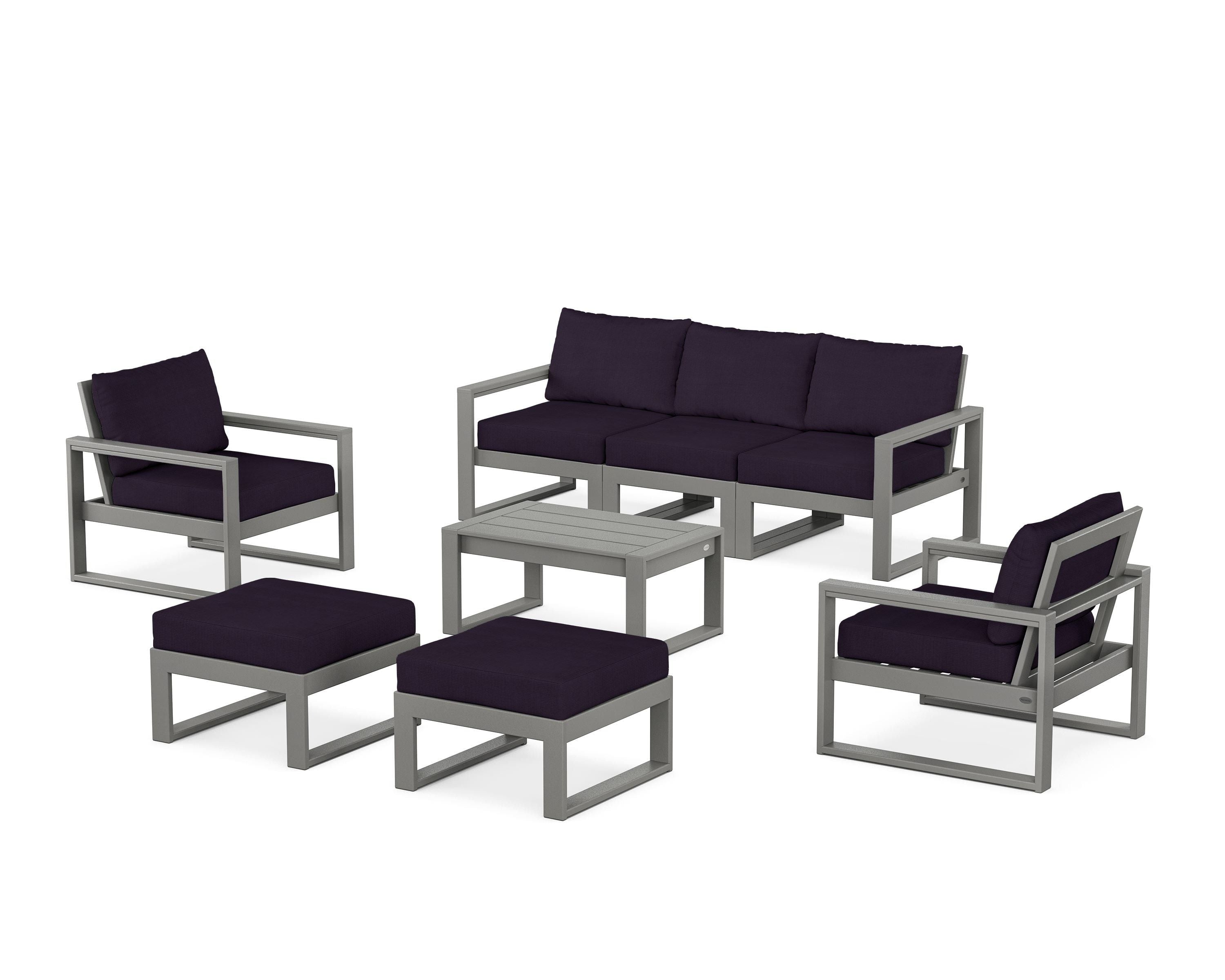 POLYWOOD® EDGE Sectional 8-Piece Lounge Sofa Set in Slate Grey / Navy Linen