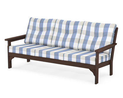 POLYWOOD® Vineyard Deep Seating Sofa in Mahogany / Buffalo Plaid Sky Blue