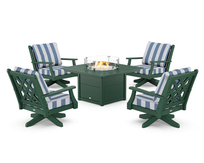 Country Living Wovendale 5-Piece Deep Seating Swivel Conversation Set with Fire Pit Table in Green / Cabana Stripe Sky Blue