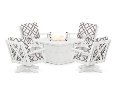 POLYWOOD® Braxton 5-Piece Deep Seating Swivel Conversation Set with Fire Pit Table in White / Trellis Grey Mist