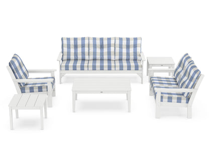 POLYWOOD® Vineyard 6-Piece Deep Seating Set in White / Buffalo Plaid Sky Blue