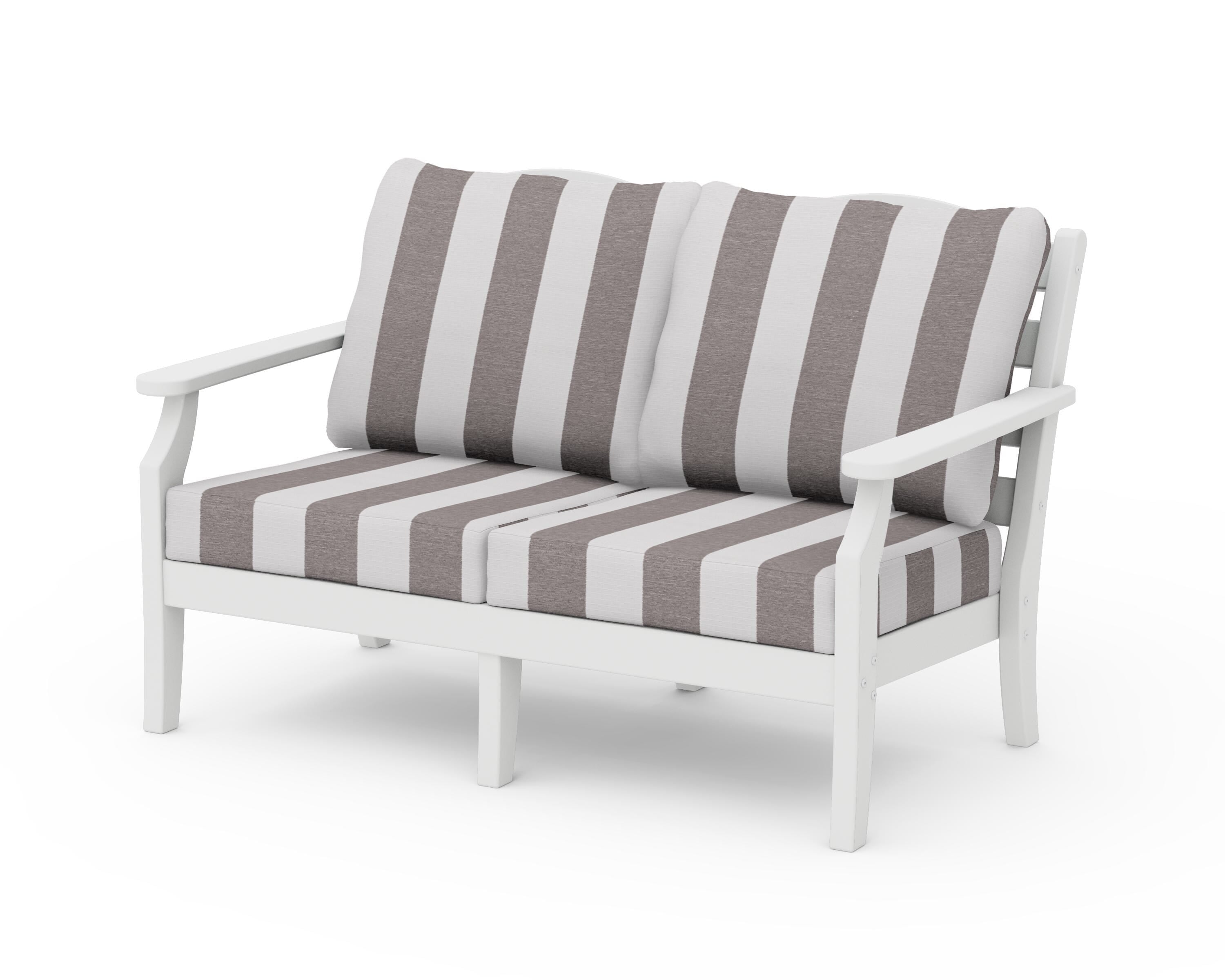 Draper James™ by  POLYWOOD® Savannah Deep Seating Loveseat in White / Cabana Stripe Grey Mist