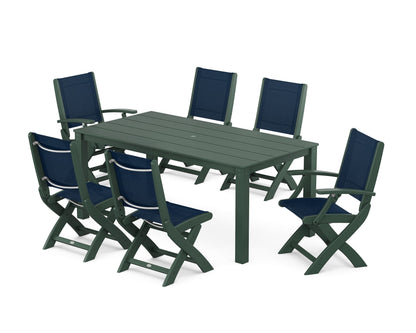 POLYWOOD® Coastal Folding Chair 7-Piece Parsons Dining Set in Green / Navy Blue Sling
