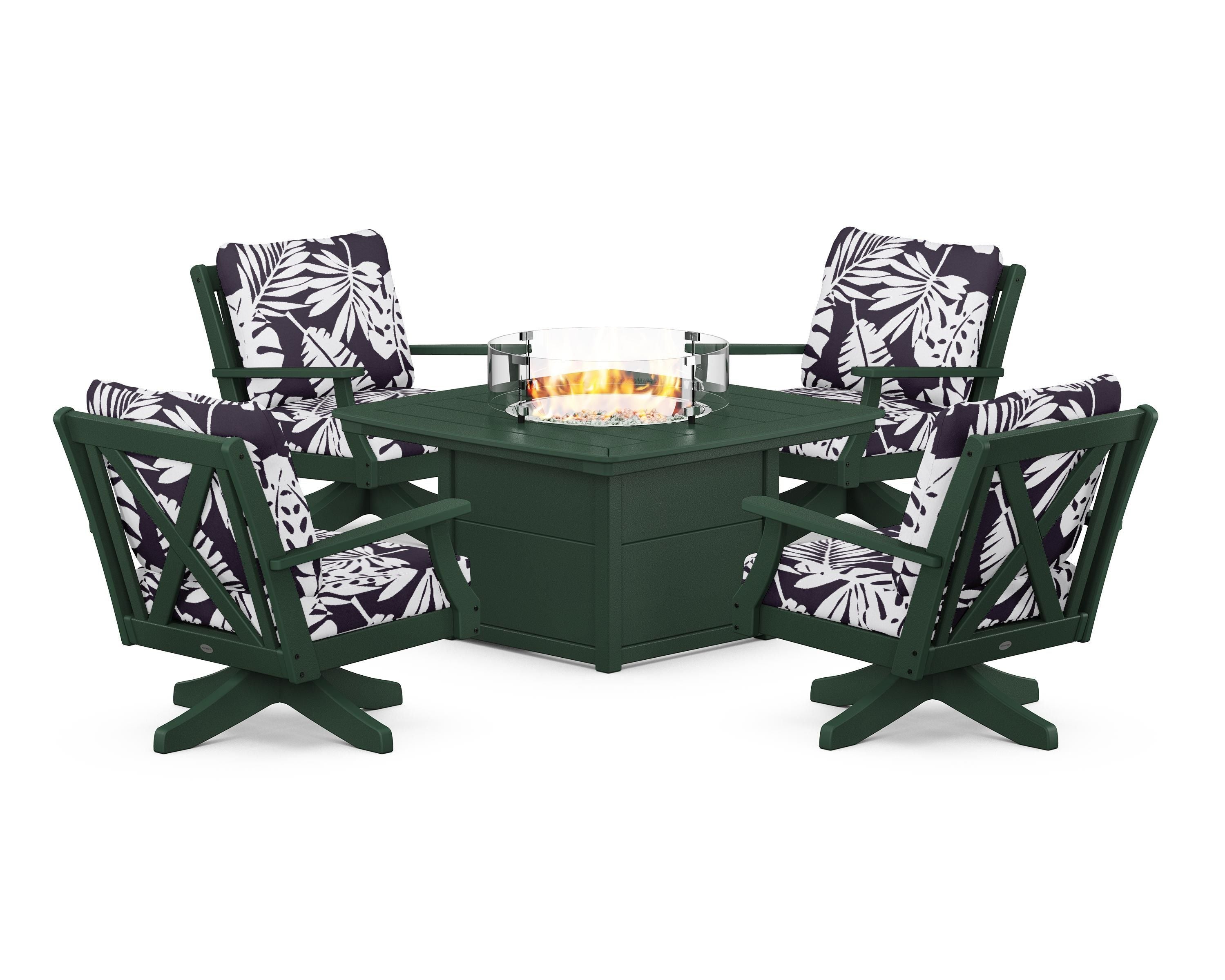 POLYWOOD® Braxton 5-Piece Deep Seating Swivel Conversation Set with Fire Pit Table in Green / Leaf Navy
