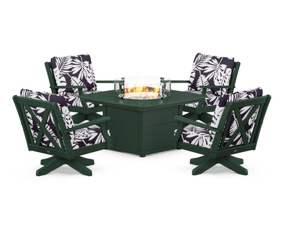 POLYWOOD® Braxton 5-Piece Deep Seating Swivel Conversation Set with Fire Pit Table in Green / Leaf Navy