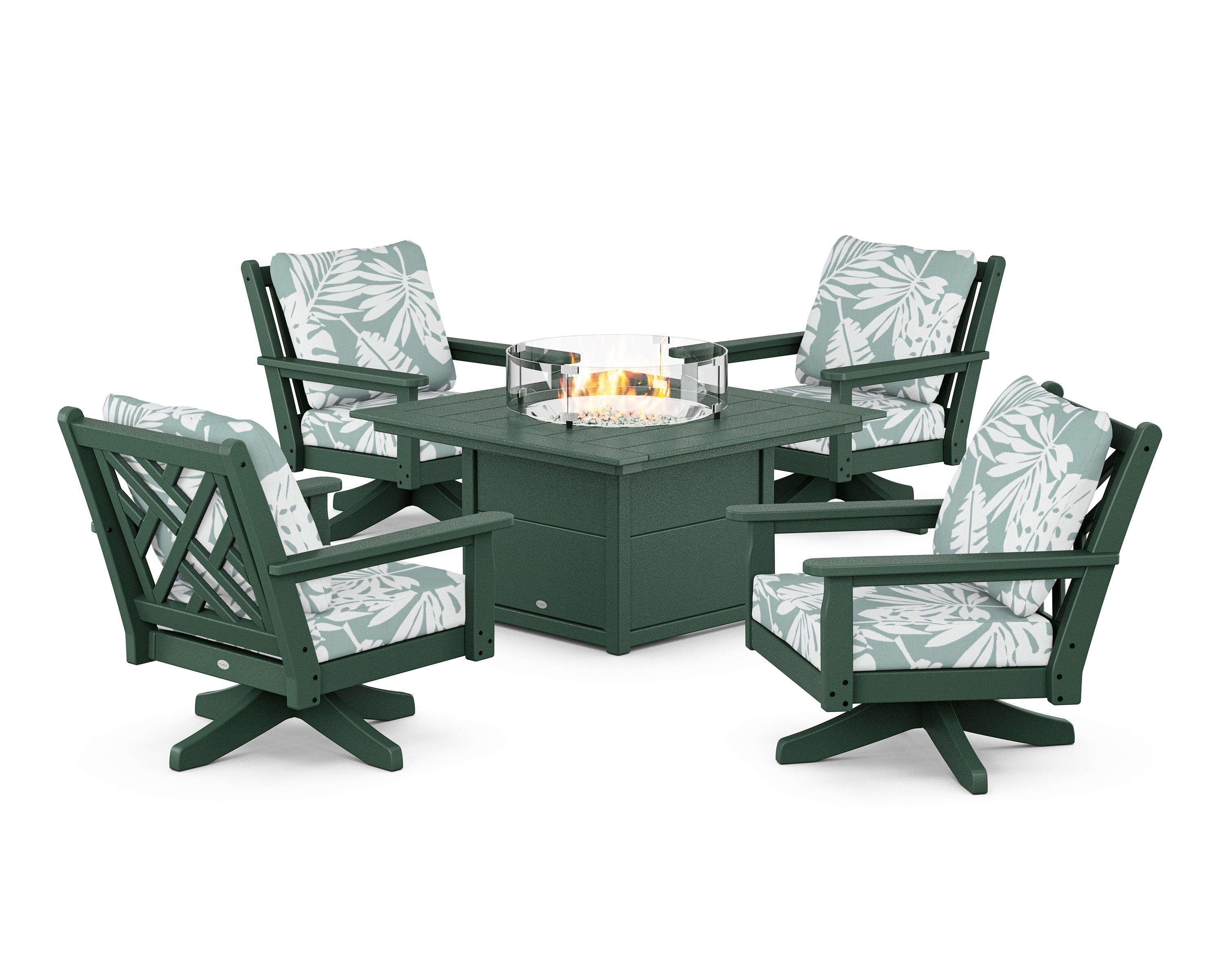 POLYWOOD® Chippendale 5-Piece Deep Seating Swivel Conversation Set with Fire Pit Table in Green / Leaf Glacier Spa