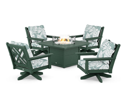 POLYWOOD® Chippendale 5-Piece Deep Seating Swivel Conversation Set with Fire Pit Table in Green / Leaf Glacier Spa
