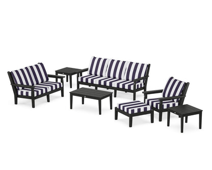 POLYWOOD® Chippendale 7-Piece Deep Seating Set in Black / Cabana Stripe Navy