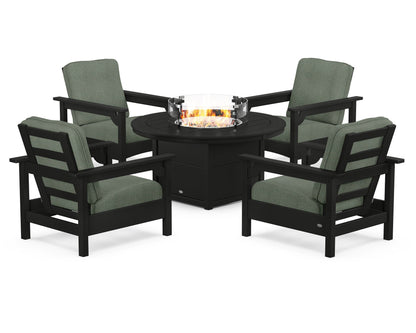 POLYWOOD® Club 5-Piece Conversation Set with Fire Pit Table in Black / Cast Sage
