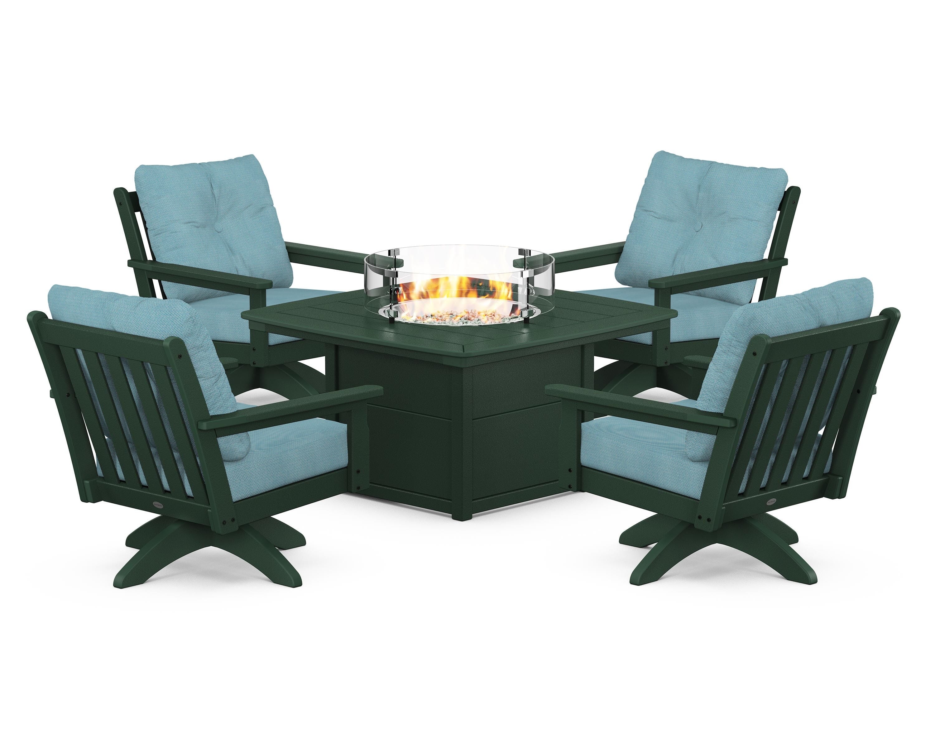 POLYWOOD® Vineyard 5-Piece Deep Seating Swivel Conversation Set with Fire Pit Table in Green / Lattice Sky Blue