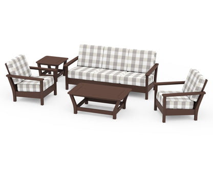 POLYWOOD® Harbour 5-Piece Deep Seating Set in Mahogany / Buffalo Plaid Grey Mist