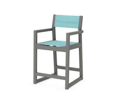 POLYWOOD® EDGE Sling Counter Arm Chair in Slate Grey / Dupioni Aquamarine Sling
