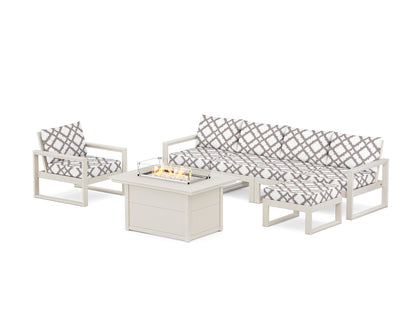 POLYWOOD® EDGE Sectional Lounge and Fire Pit Set in Sand / Trellis Grey Mist