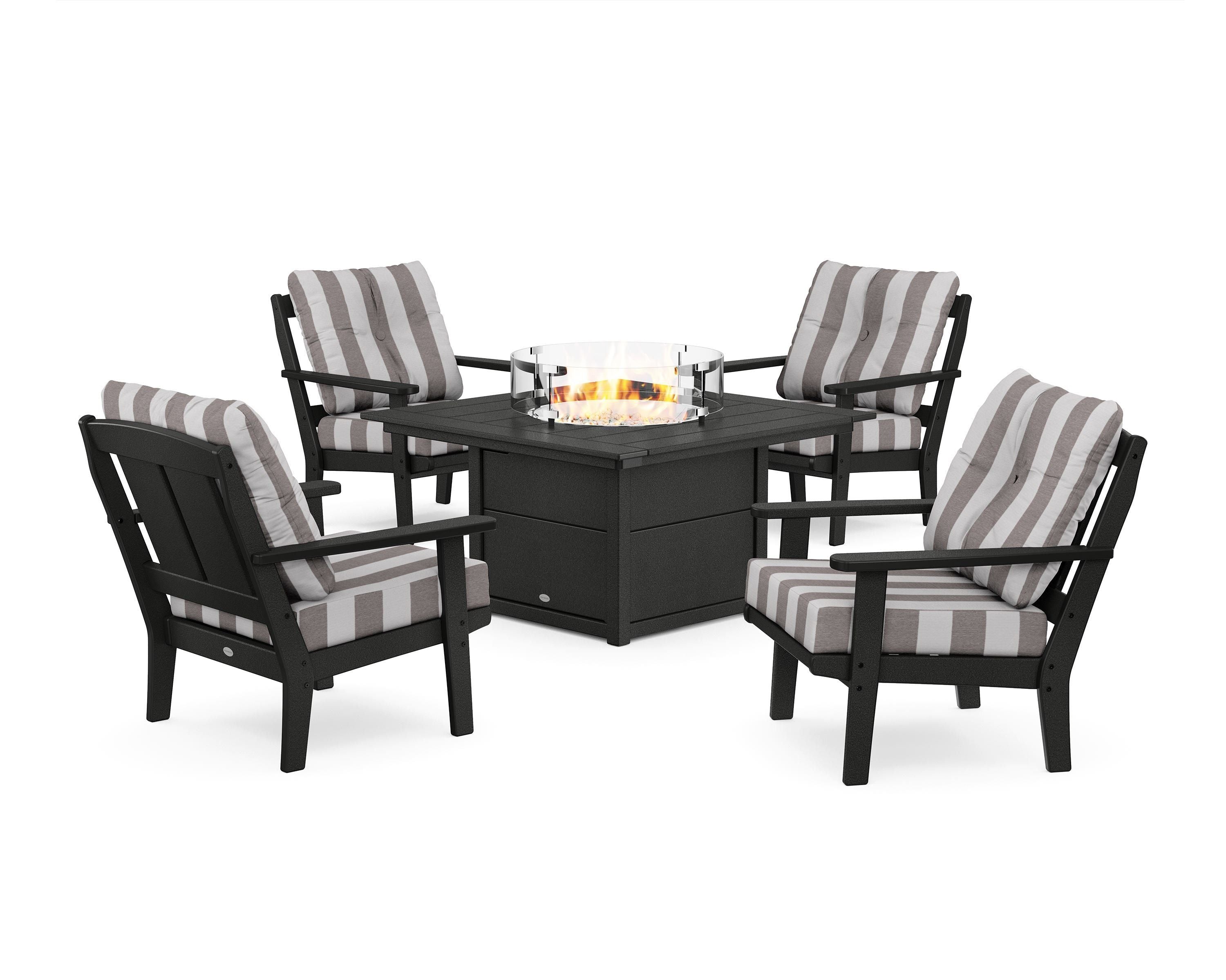 POLYWOOD® Mission 5-Piece Deep Seating Set with Fire Pit Table in Black / Cabana Stripe Grey Mist