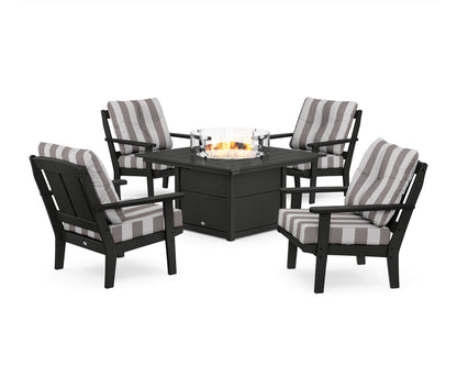 POLYWOOD® Mission 5-Piece Deep Seating Set with Fire Pit Table in Black / Cabana Stripe Grey Mist