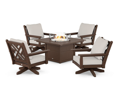POLYWOOD® Chippendale 5-Piece Deep Seating Swivel Conversation Set with Fire Pit Table in Mahogany / Cast Ash