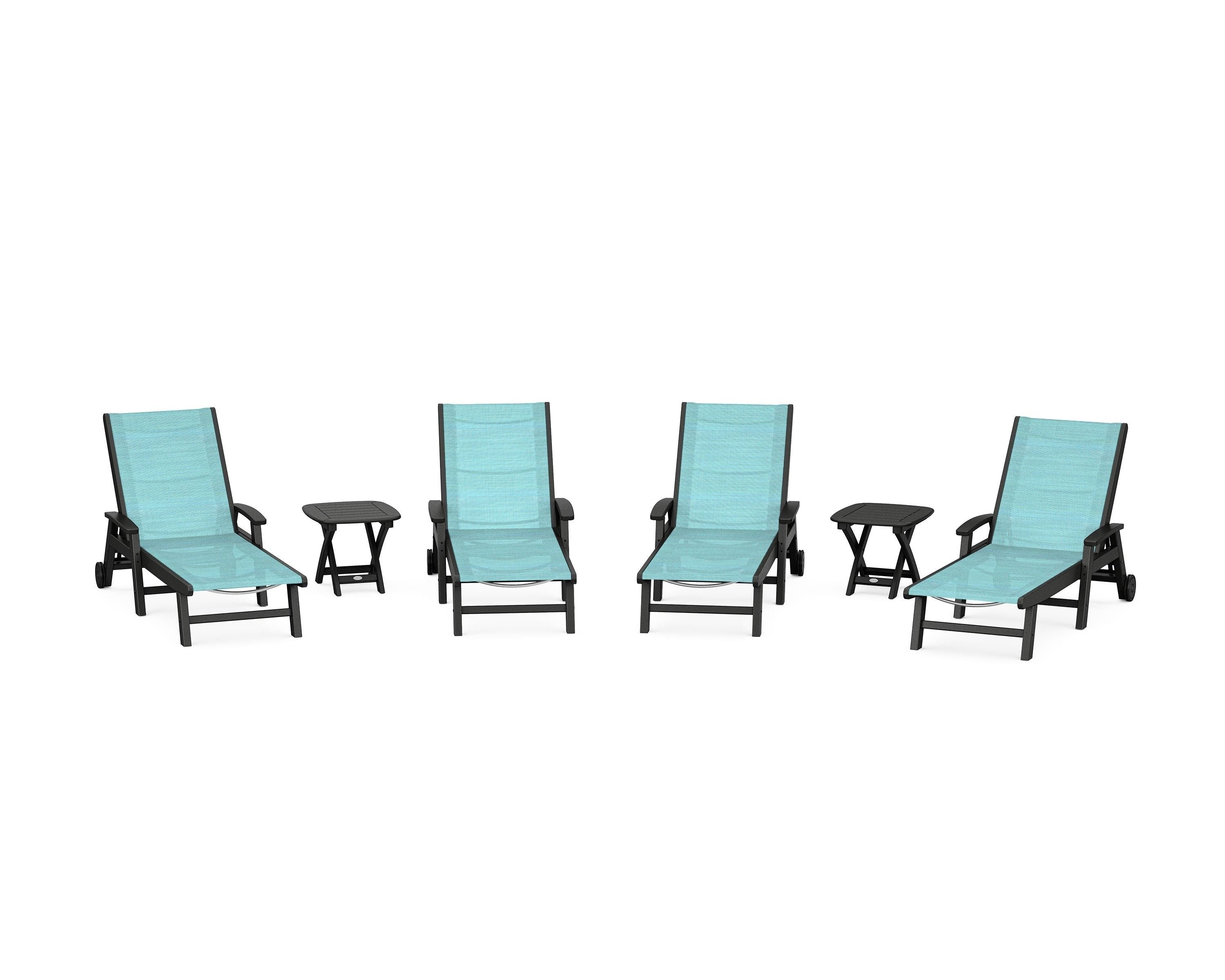 POLYWOOD® Coastal Chaise 6-Piece Set with Wheels in Black / Dupioni Aquamarine Sling