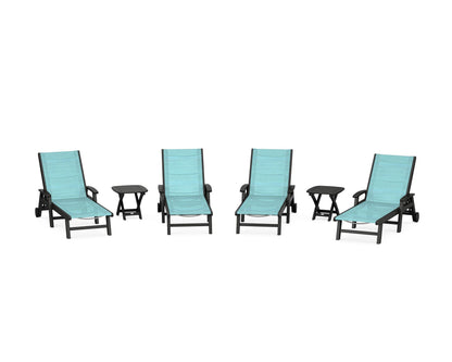 POLYWOOD® Coastal Chaise 6-Piece Set with Wheels in Black / Dupioni Aquamarine Sling