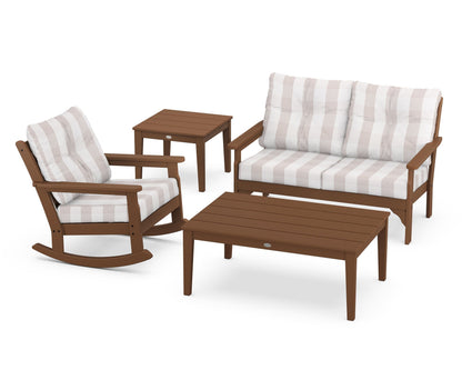 POLYWOOD® Vineyard 4-Piece Deep Seating Rocker Set in Teak / Buffalo Plaid Dune Burlap