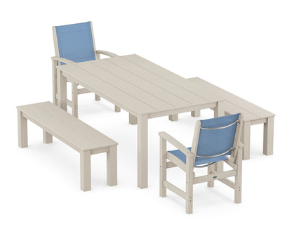 POLYWOOD® Coastal 5-Piece Parsons Dining Set with Benches in Sand / Poolside Sling