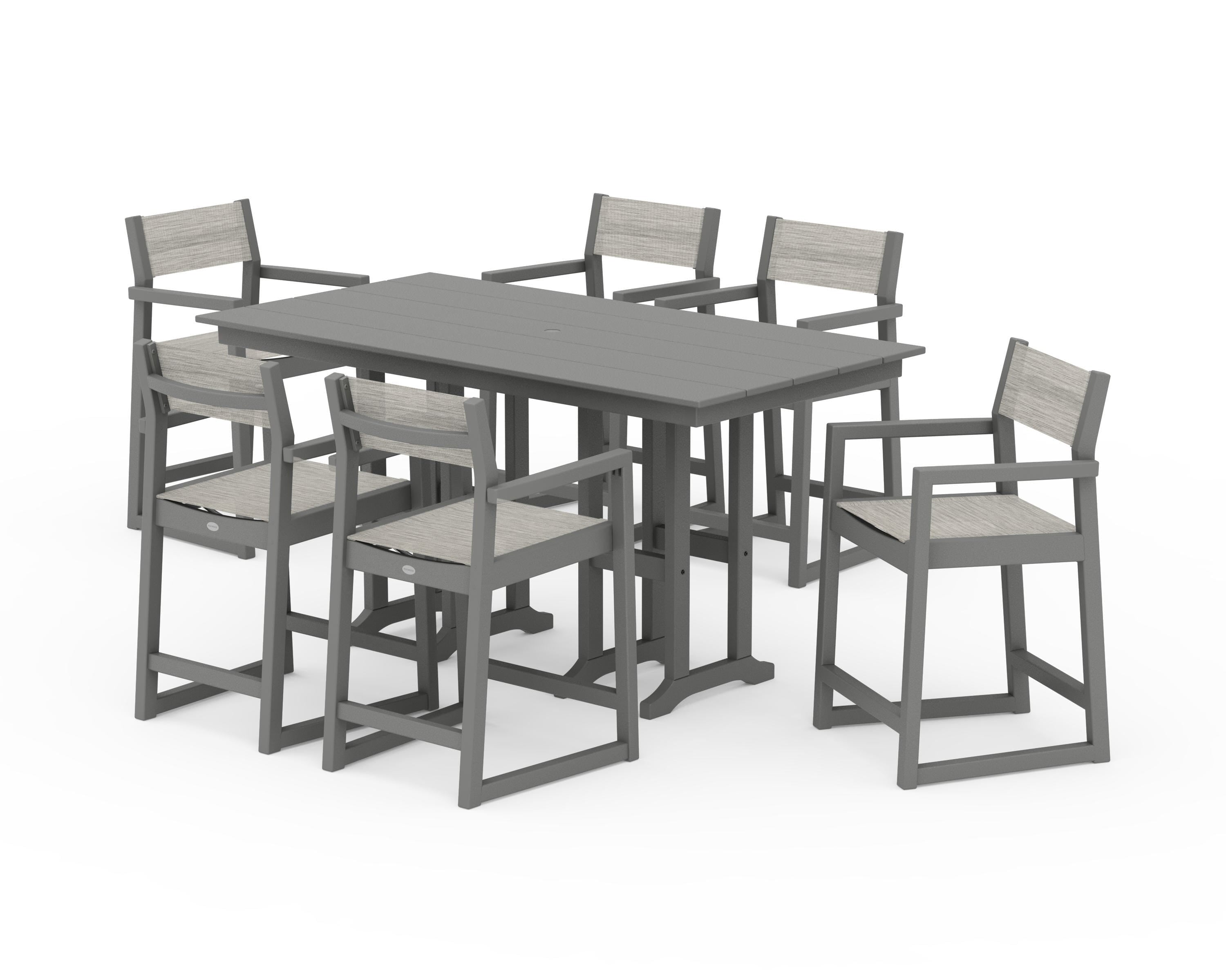 POLYWOOD® EDGE Sling Arm Chair 7-Piece Farmhouse Counter Set in Slate Grey / Birch Sling