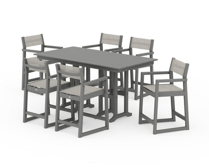 POLYWOOD® EDGE Sling Arm Chair 7-Piece Farmhouse Counter Set in Slate Grey / Birch Sling