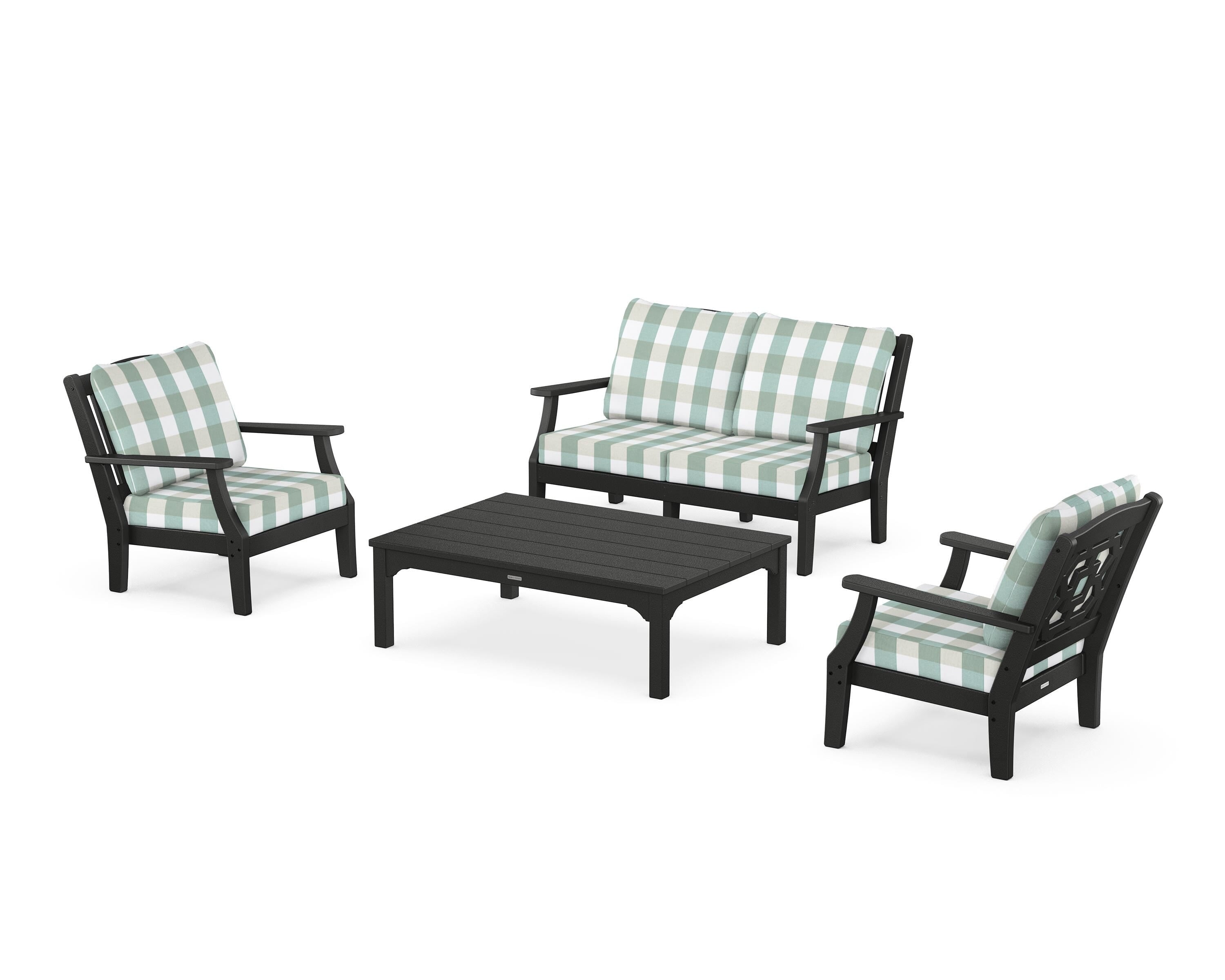 Martha Stewart by POLYWOOD® Chinoiserie 4-Piece Deep Seating Set with Loveseat in Black / Buffalo Plaid Glacier Spa