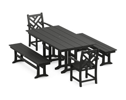 POLYWOOD® Chippendale 5-Piece Farmhouse Dining Set with Benches in Black