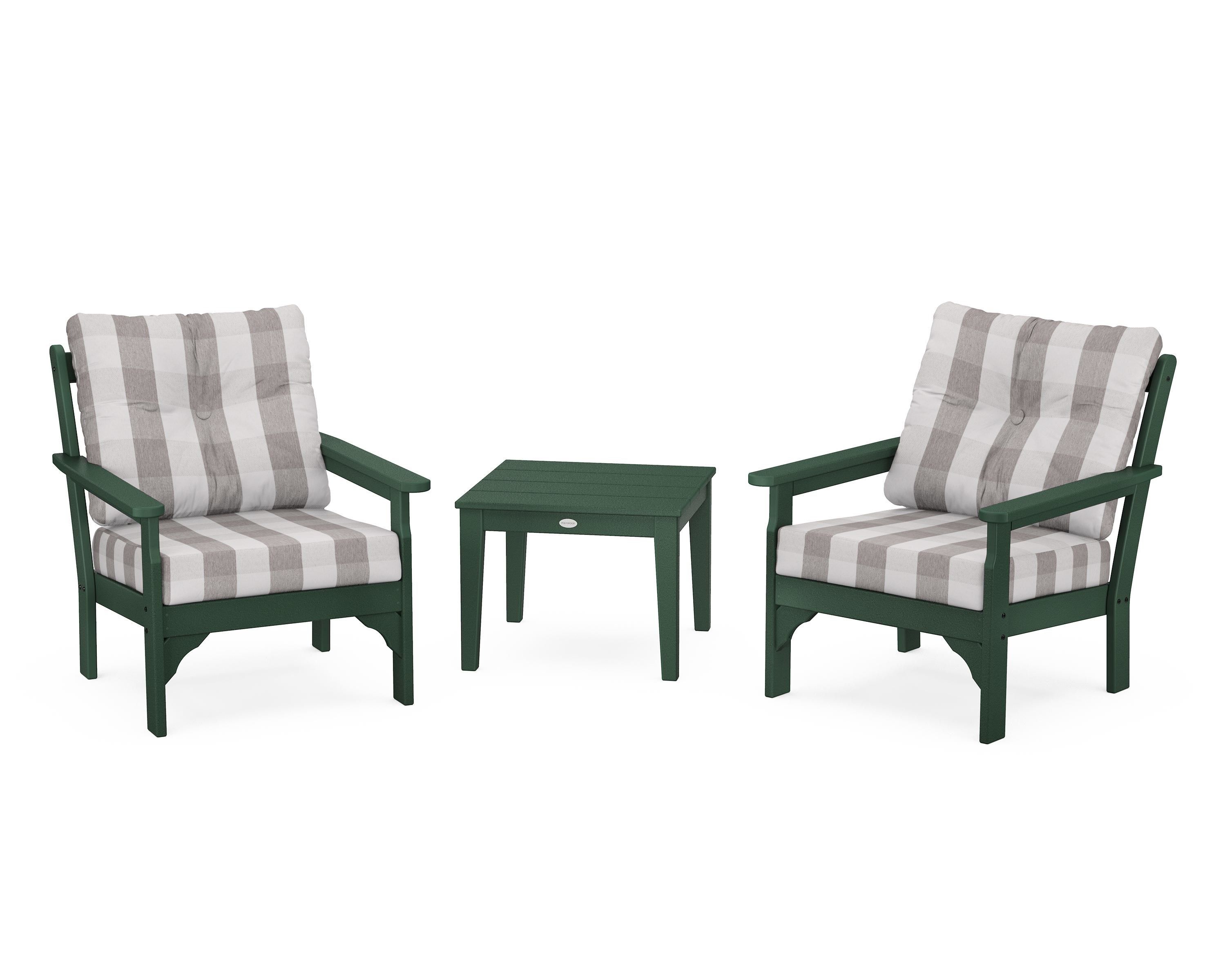 POLYWOOD® Vineyard 3-Piece Deep Seating Set in Green / Buffalo Plaid Grey Mist