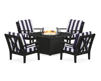 POLYWOOD® Braxton 5-Piece Deep Seating Conversation Set with Fire Pit Table in Black / Cabana Stripe Navy