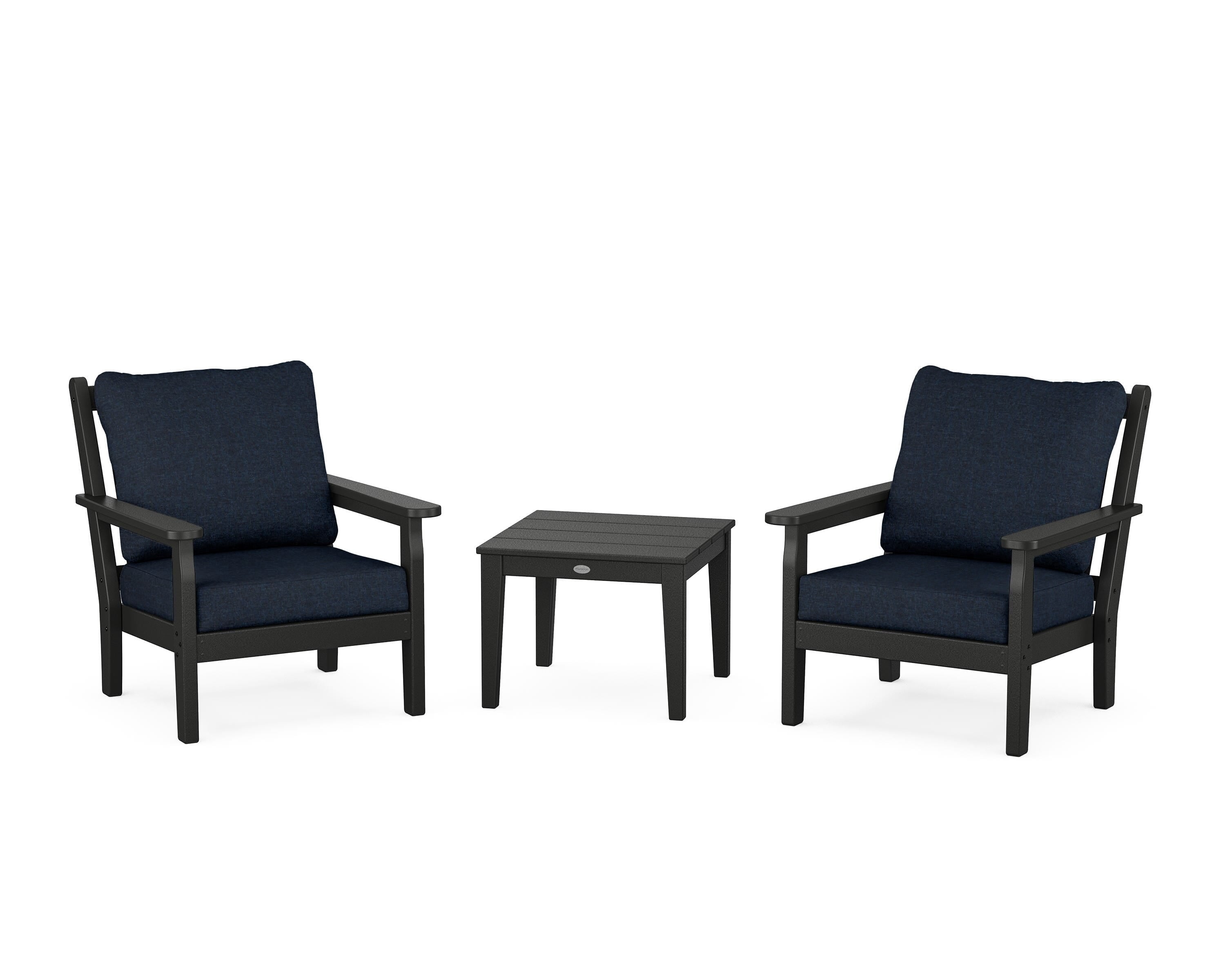 POLYWOOD® Chippendale 3-Piece Deep Seating Set in Black / Marine Indigo