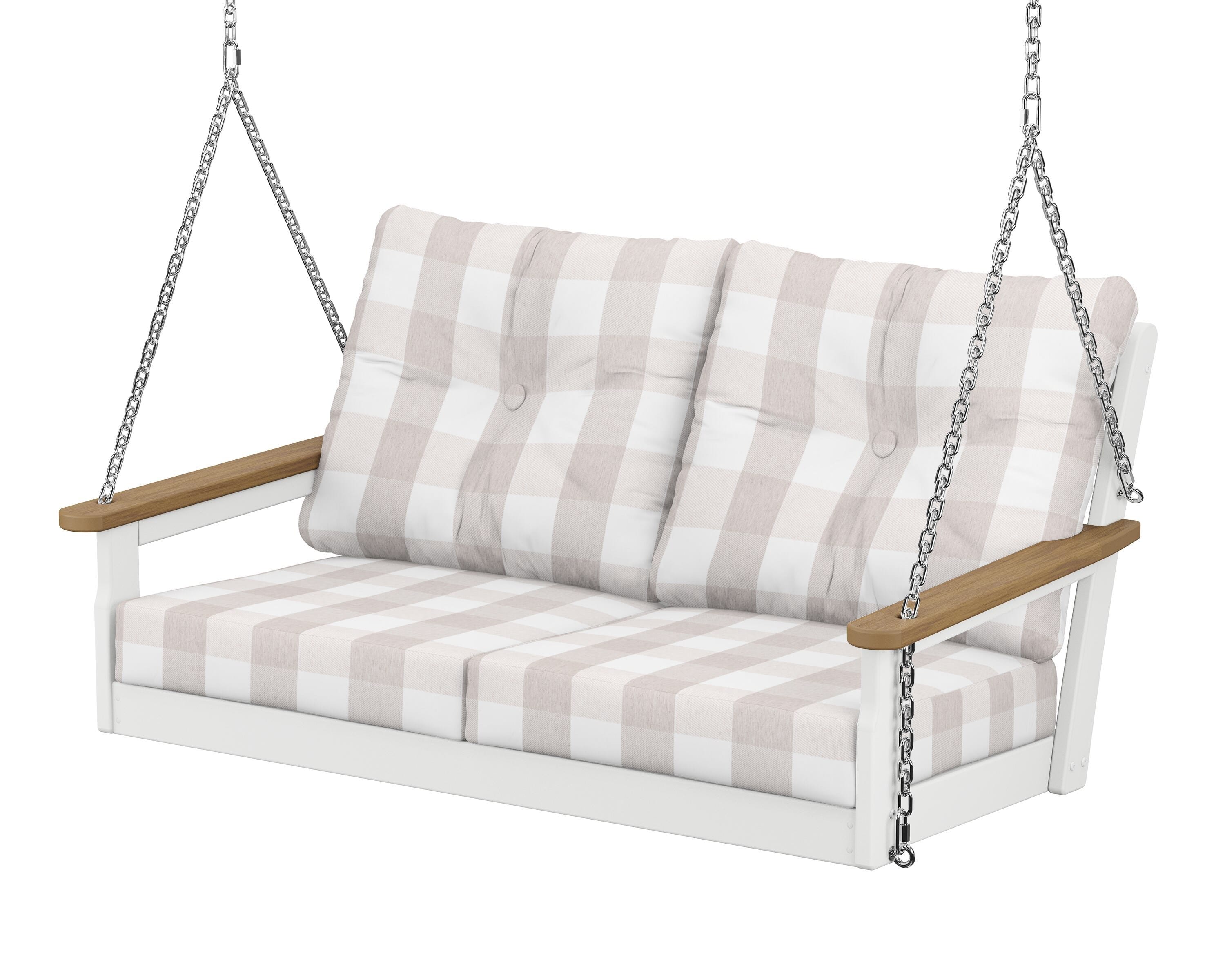 POLYWOOD® Vineyard Deep Seating Swing in White / Natural / Buffalo Plaid Dune Burlap