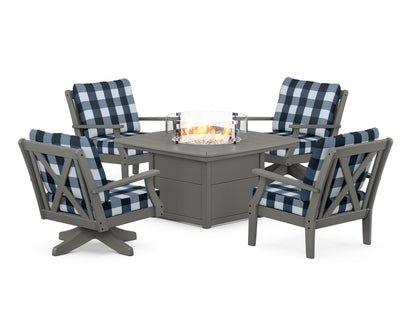 POLYWOOD® Braxton 5-Piece Deep Seating Set with Fire Table in Slate Grey / Buffalo Plaid Marine Indigo