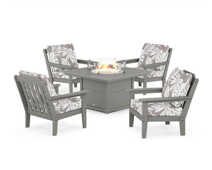 Country Living Cottage 5-Piece Deep Seating Set with Fire Pit Table in Slate Grey / Leaf Grey Mist