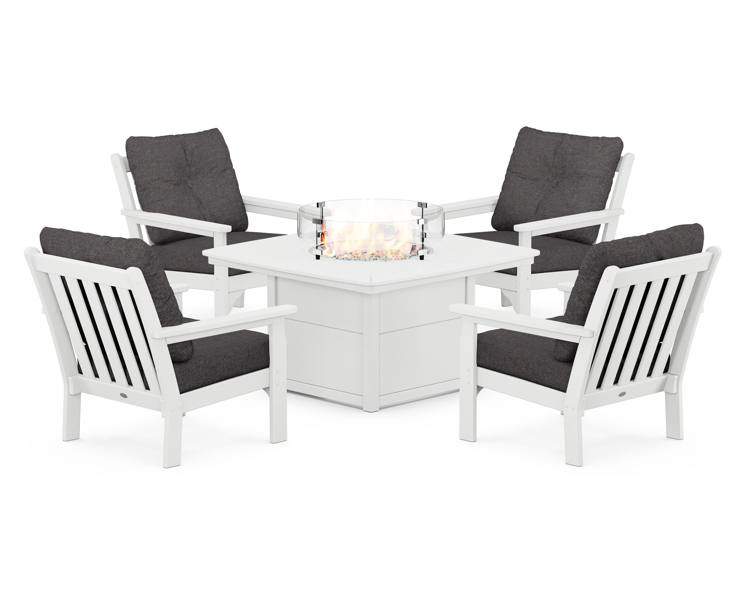 POLYWOOD® Vineyard 5-Piece Conversation Set with Fire Pit Table in White / Ash Charcoal