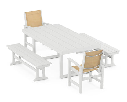 POLYWOOD® Coastal 5-Piece Dining Set with Trestle Legs in White / Dupioni Apricot Sling