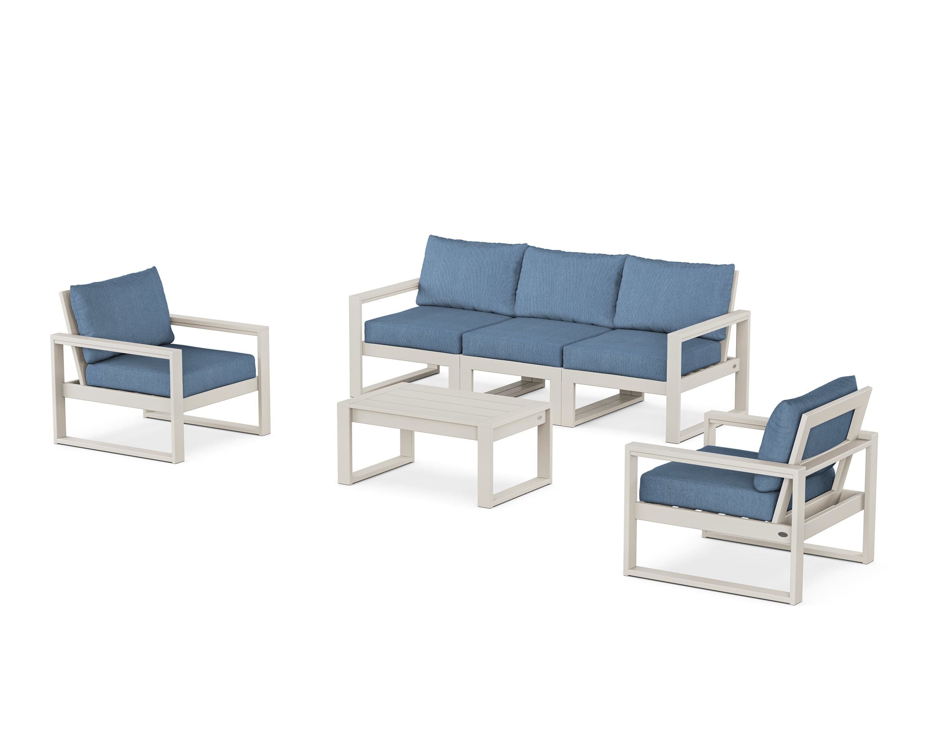 POLYWOOD® EDGE Sectional 4-Piece Deep Seating Set with Sofa in Sand / Sky Blue
