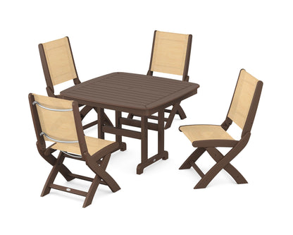 POLYWOOD® Coastal Folding Side Chair 5-Piece Dining Set in Mahogany / Dupioni Apricot Sling