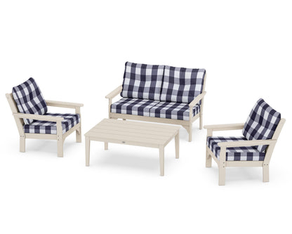 POLYWOOD® Vineyard 4-Piece Deep Seating Set in Sand / Buffalo Plaid Navy