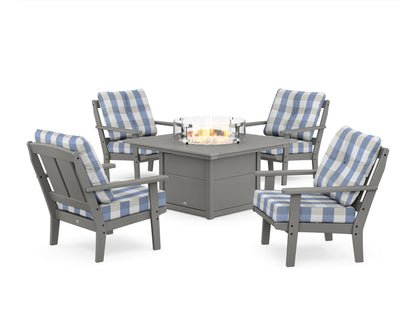 POLYWOOD® Mission 5-Piece Deep Seating Set with Fire Pit Table in Slate Grey / Buffalo Plaid Sky Blue