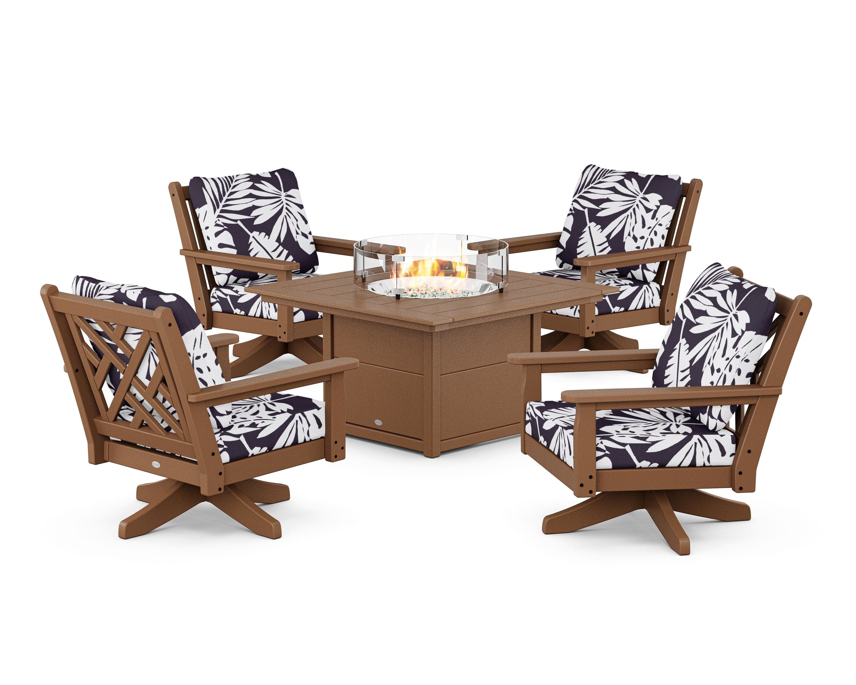 POLYWOOD® Chippendale 5-Piece Deep Seating Swivel Conversation Set with Fire Pit Table in Teak / Leaf Navy