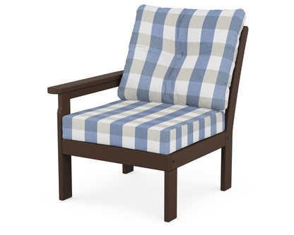 POLYWOOD® Vineyard Modular Left Arm Chair in Mahogany / Buffalo Plaid Sky Blue