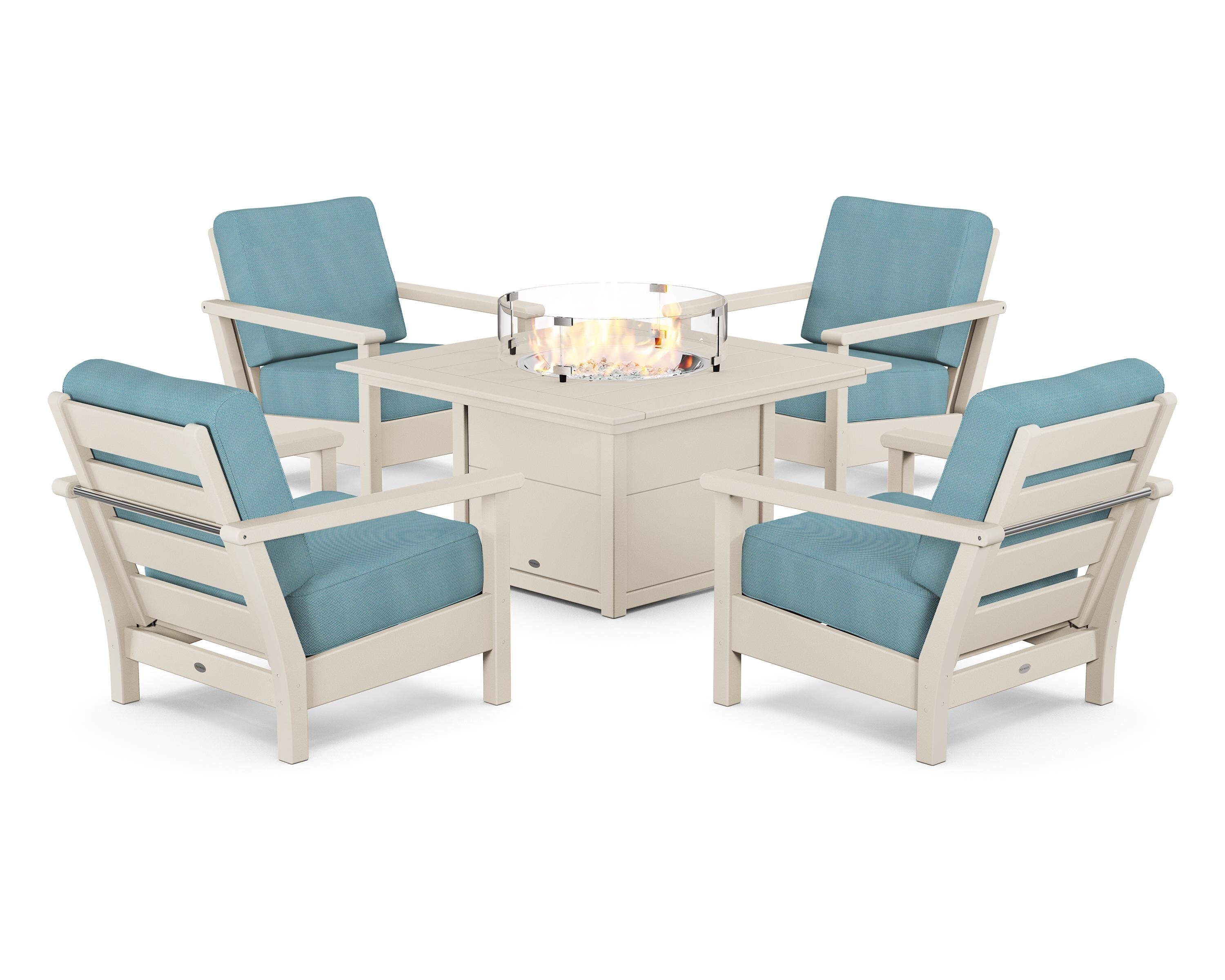 POLYWOOD® Harbour 5-Piece Conversation Set with Fire Pit Table in Sand / Lattice Sky Blue