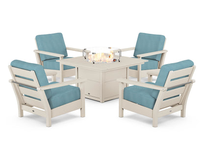 POLYWOOD® Harbour 5-Piece Conversation Set with Fire Pit Table in Sand / Lattice Sky Blue
