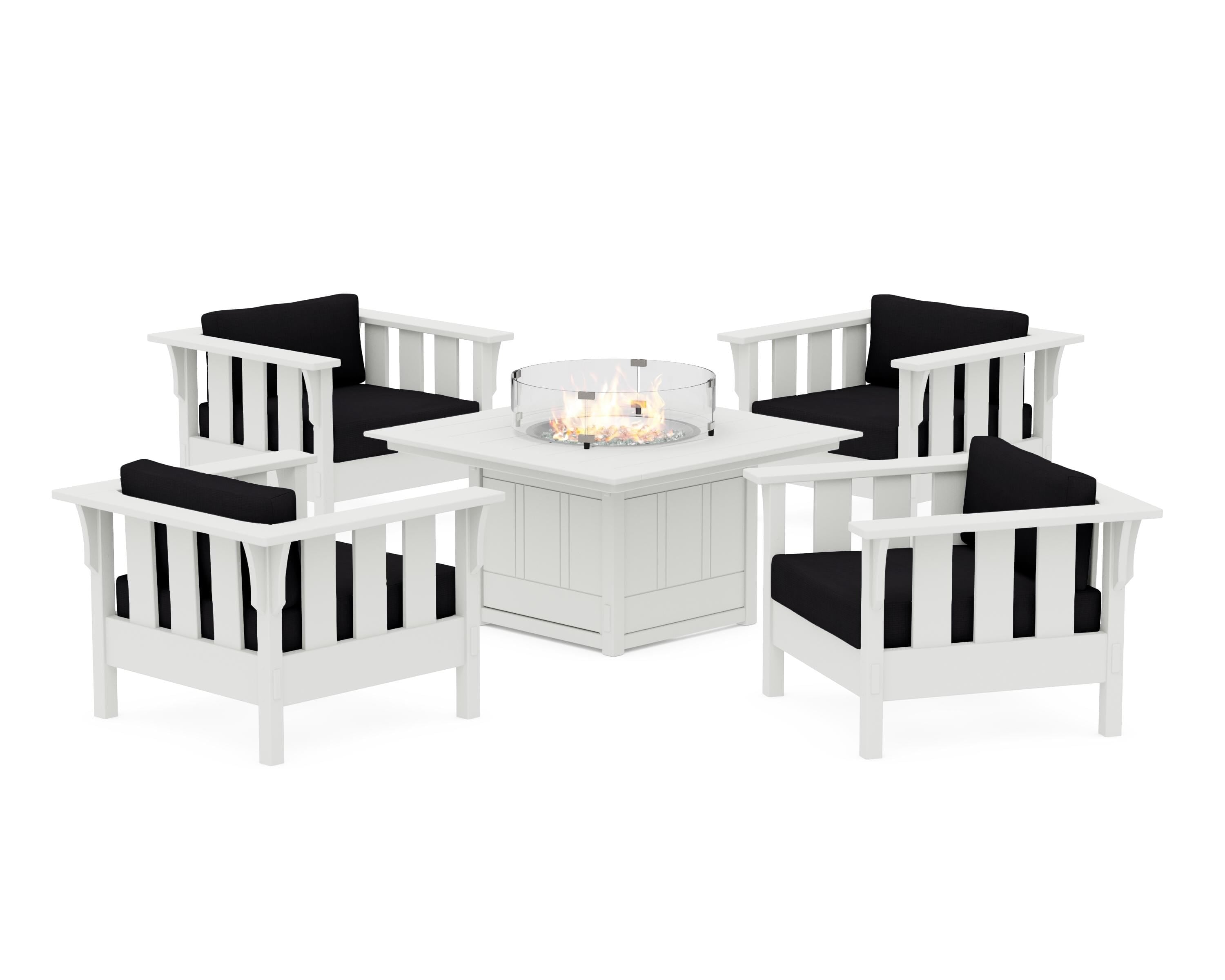 Martha Stewart by POLYWOOD® Acadia 5-Piece Deep Seating Set with Fire Pit Table in White / Midnight Linen
