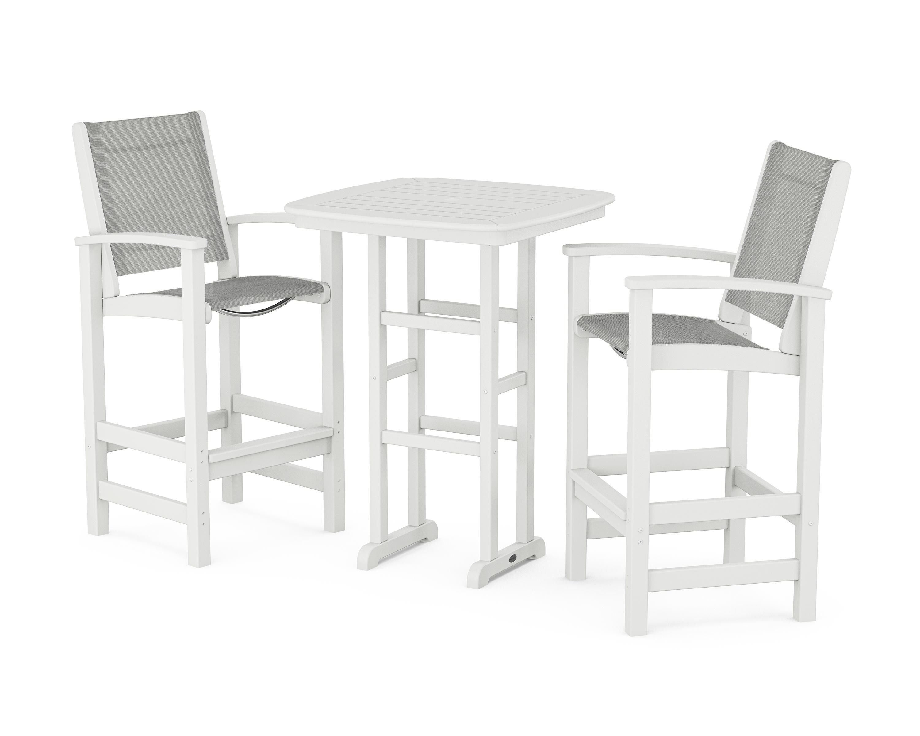 POLYWOOD® Coastal 3-Piece Bar Set in White / Metallic Sling