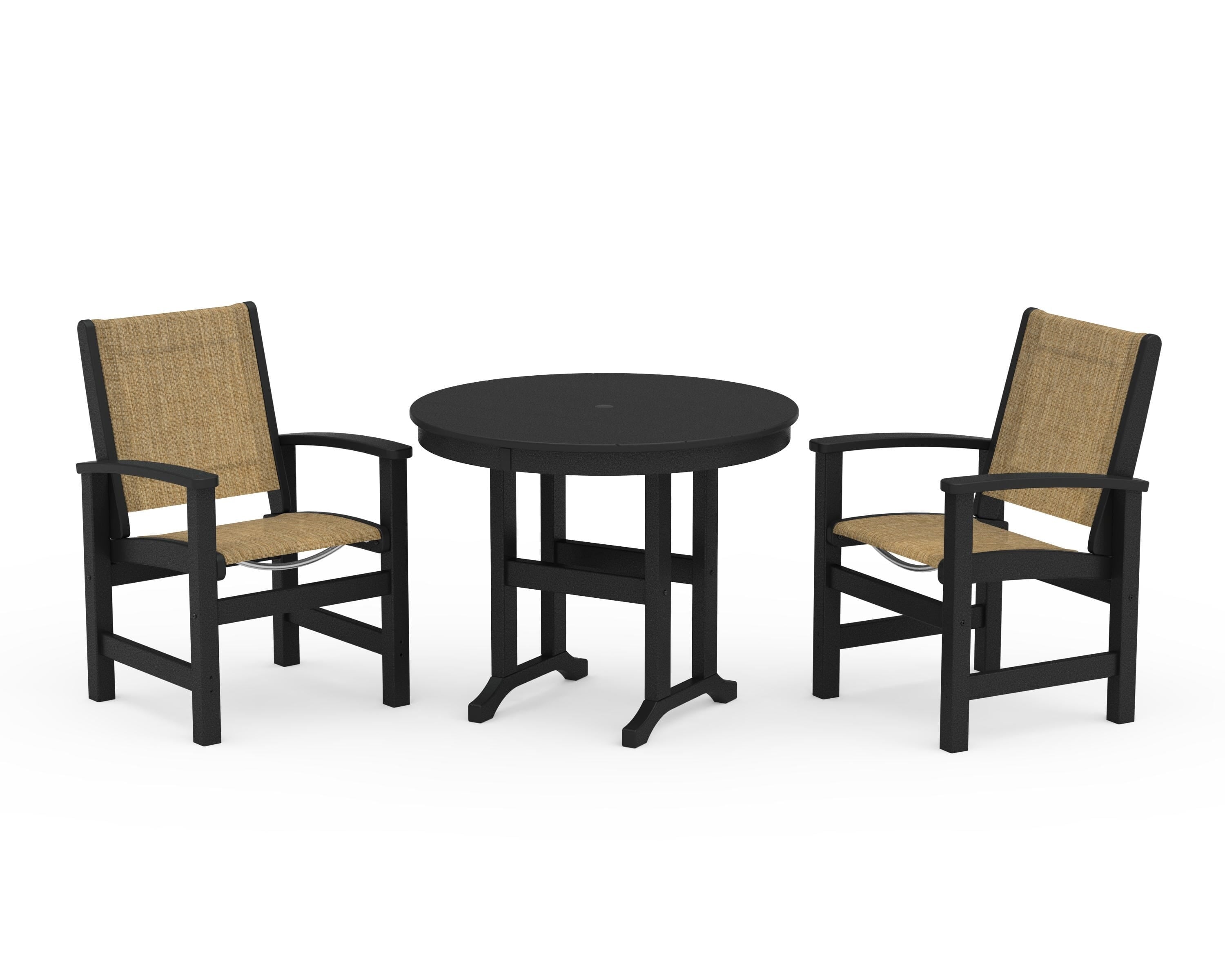 POLYWOOD® Coastal 3-Piece Round Dining Set in Black / Burlap Sling