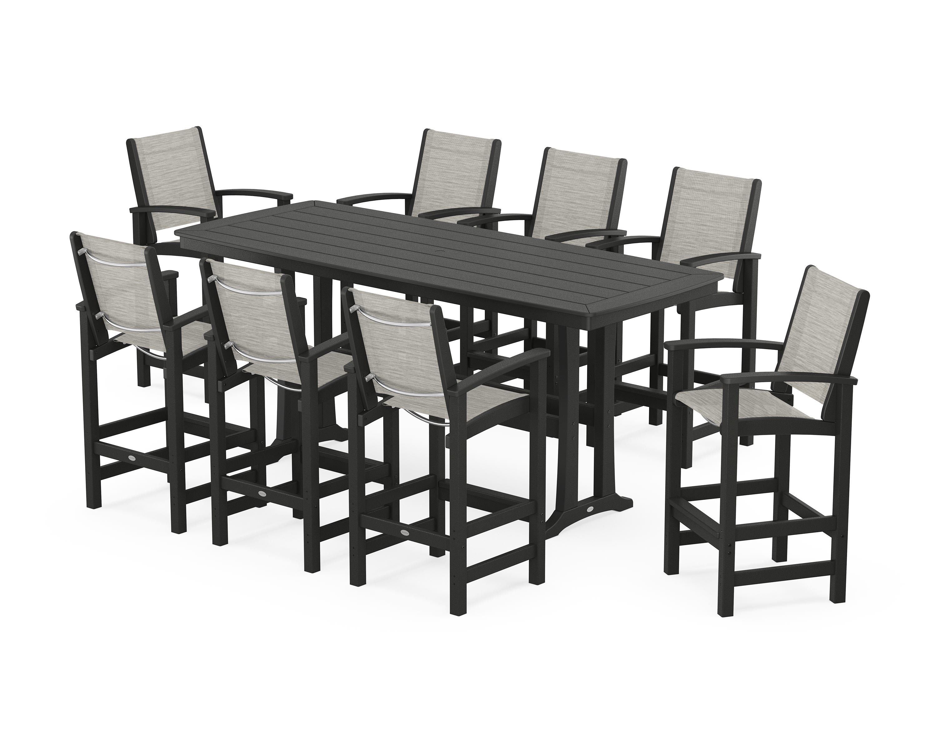 POLYWOOD® Coastal 9-Piece Bar Set with Trestle Legs in Black / Birch Sling